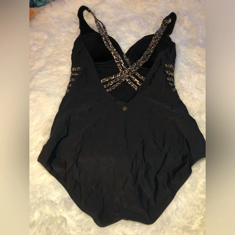 Black One-Piece Swimsuit with Patterned Straps